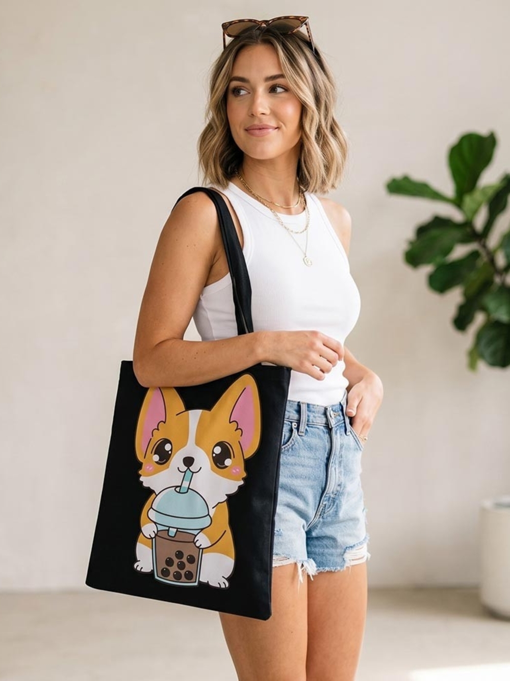 Cute Corgi Bubble Tea Dog Tote Bag - Black
